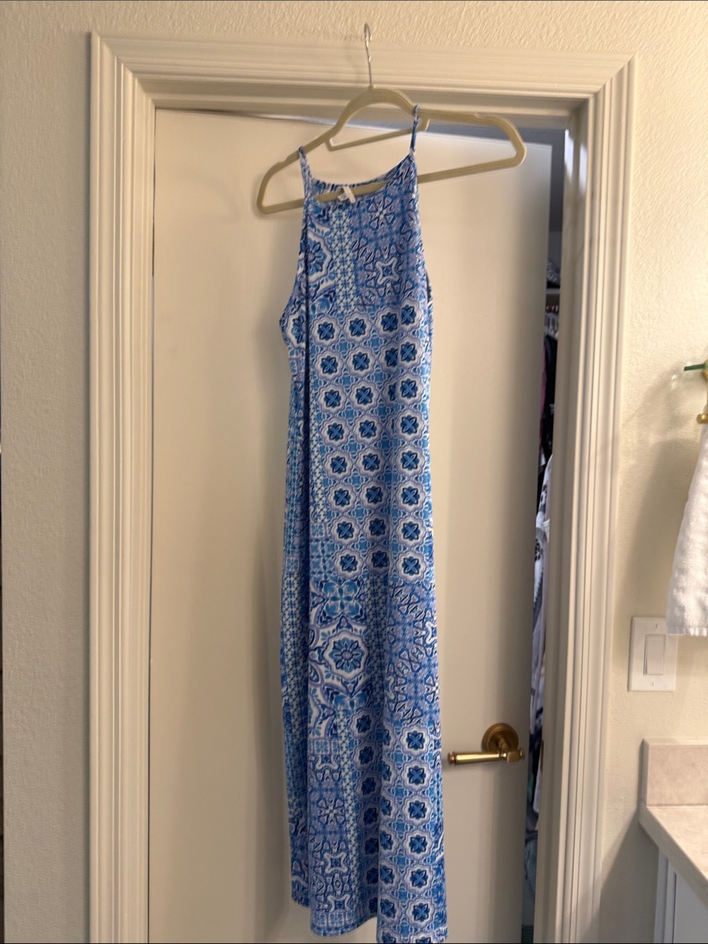 Blue Tile-Print Halter Maxi Dress